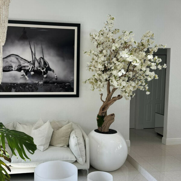 Shiny white globe vase with personalized cherry blossom tree