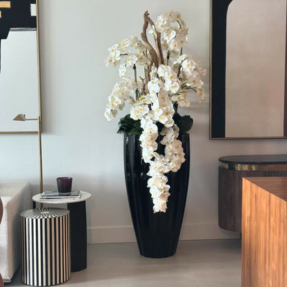 Shiny Black San Jose Vase with Cascading White Orchids