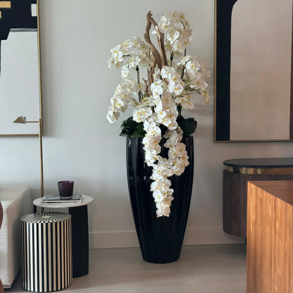 Shiny Black San Jose Vase with Cascading White Orchids