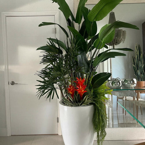 Tropical Plant Arrangement in Brannan Planter – Glossy White